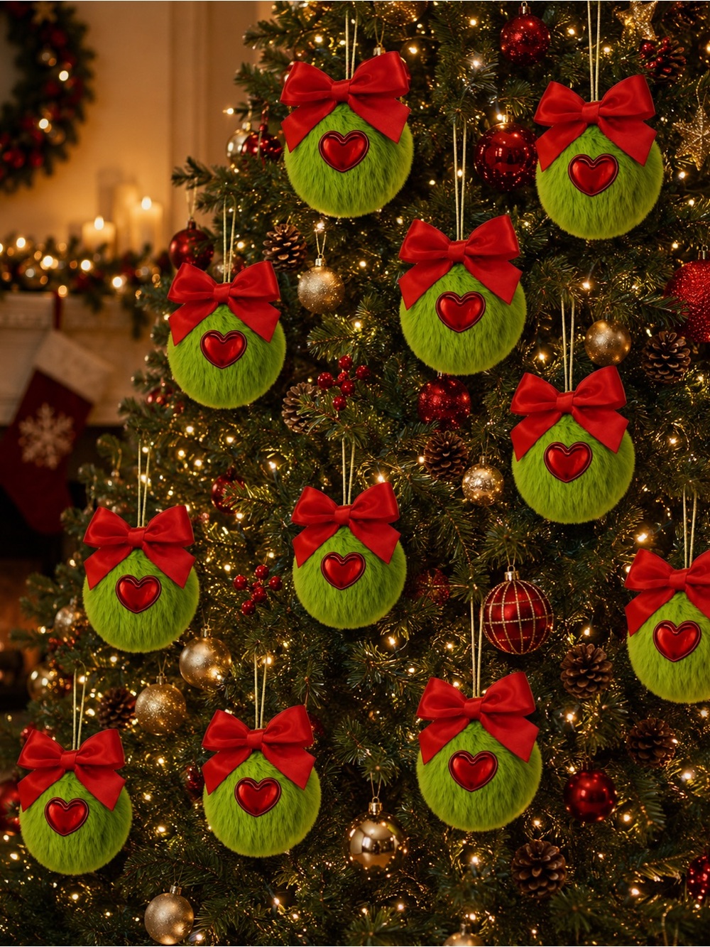9 Christmas Plush Green Ornament with Red Bow and Heart – Holiday Home Decor - Picture 4 of 7